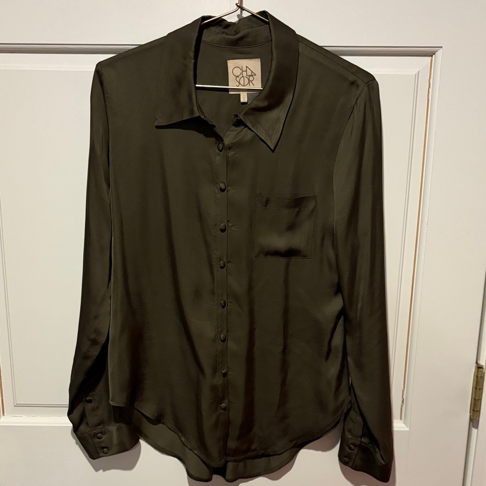Chaser Olive Satin Button-Down‎ Shirt